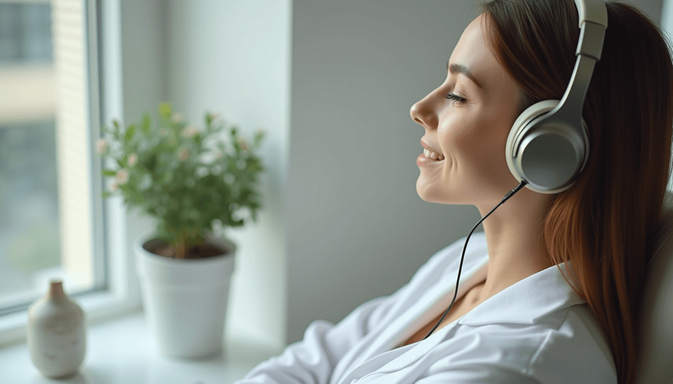 Woman in headphones in a calm reflective state by a window