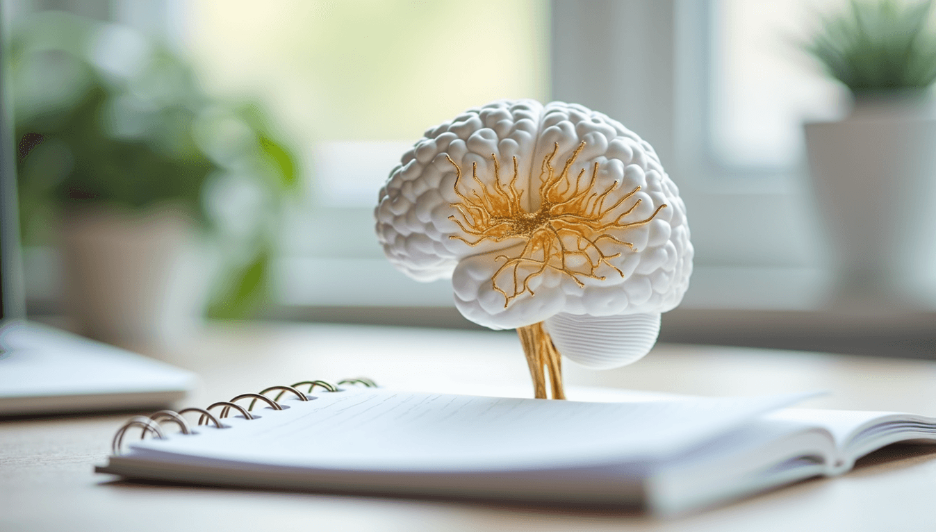 White brain model with gold neural pathway on a notebook