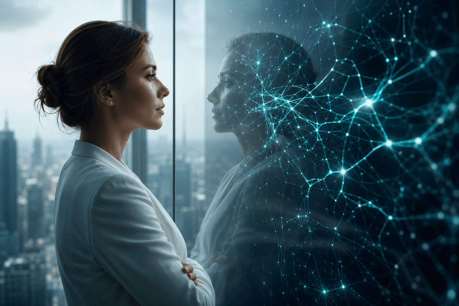 Professional woman looking through glass as her reflection transforms into glowing neural pathways, representing subconscious reprogramming and high performance.